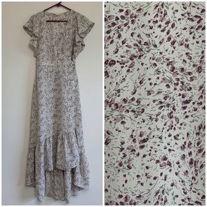 Lovestitch Erina Cream and Purple Floral High-Low Ruffled Wrap Sundress